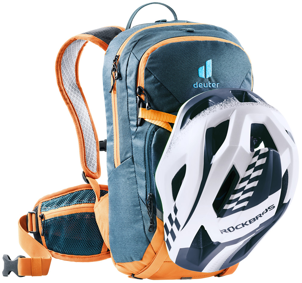 deuter Attack 8 JR Protektor-Rucksack in arctic mandarine blau orange mit helm