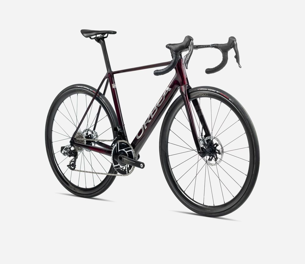 Orbea Orca M20iLTD 2025, Wine Red - Titanium (Gloss), Seitenansicht vorne