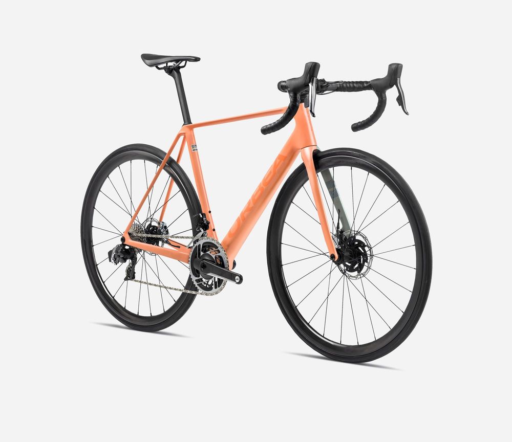 Orbea Orca M31eLTD PWR 2024, Orange Cloud (Matt) - Stone Blue (Matt-Gloss), Seitenansicht vorne