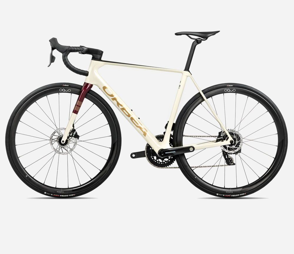 Orbea Orca M21eTeam PWR 2025, Ivory White-Burgundy (Gloss)-Vulcano (Matt), Seitenansicht links