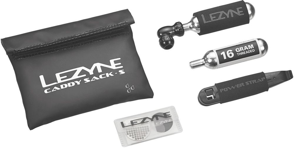 Lezyne Kit Caddy Kit mit Caddy Sack, schwarz für Schrader und Presta Ventile