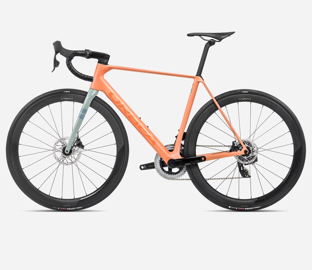 Orbea Orca M31eLTD PWR 2024, Orange Cloud (Matt) - Stone Blue (Matt-Gloss), Seitenansicht links