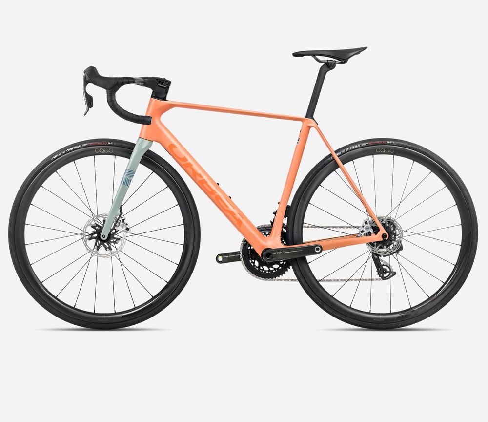 Orbea Orca M11eLTD PWR 2025,  Orange Cloud (Matt) - Stone Blue (Matt-Gloss), Seitenansicht links