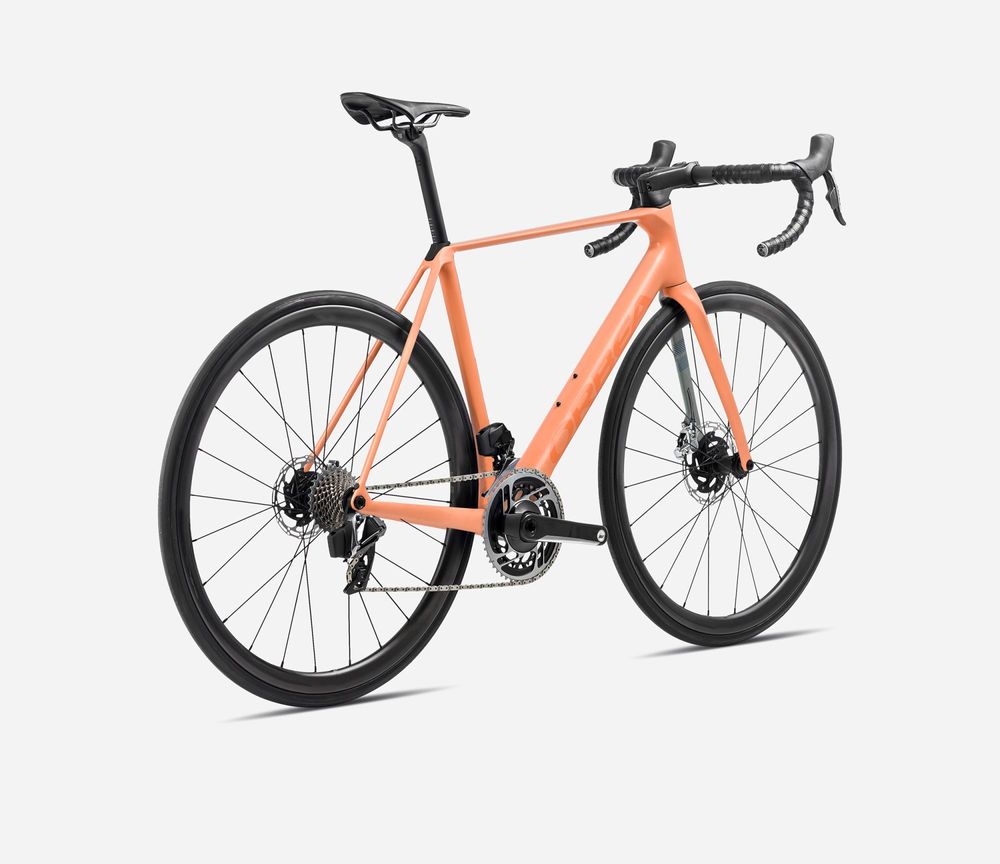 Orbea Orca M20eLTD 2024, Orange Cloud (Matt) - Stone BLue (Matt-Gloss), Seitenansicht hinten