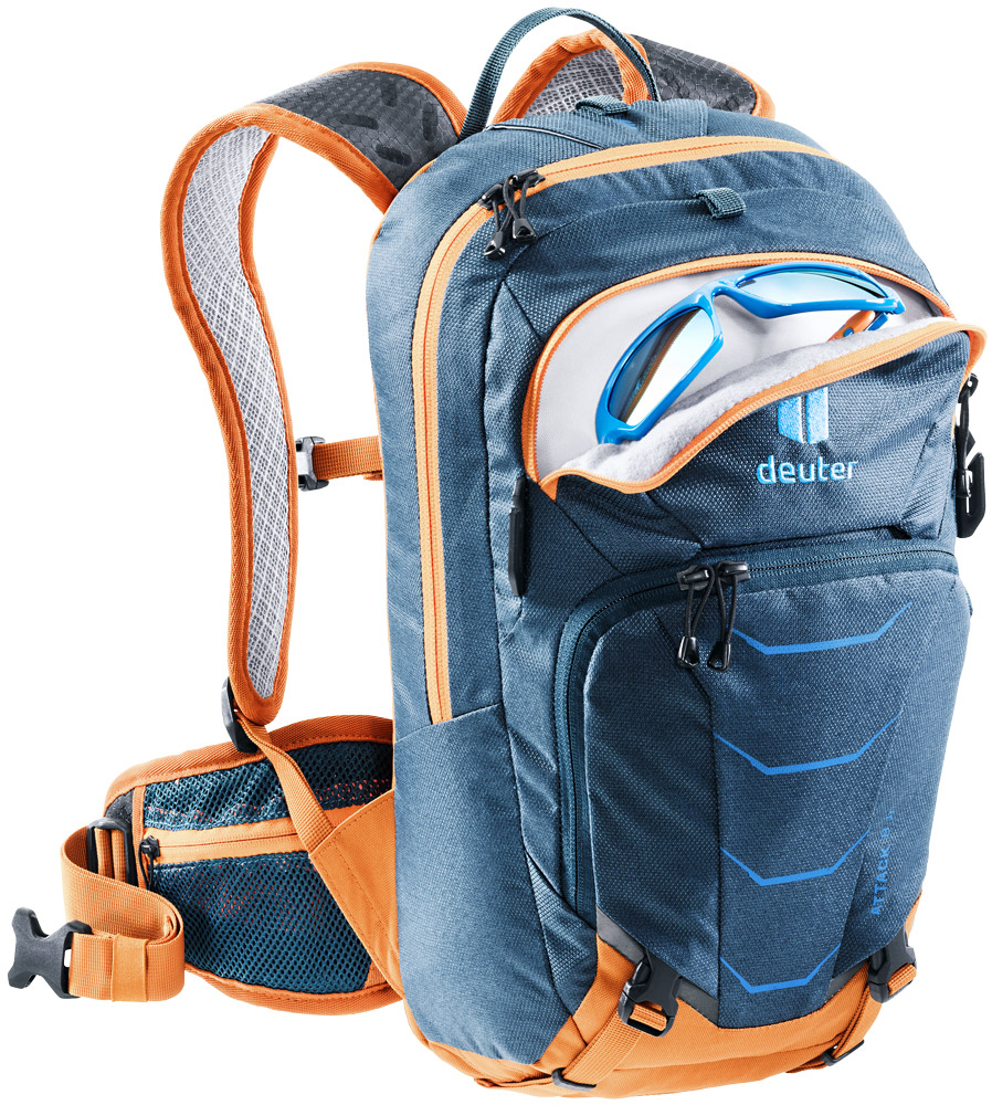 deuter Attack 8 JR Protektor-Rucksack in arctic mandarine blau orange geöffnet