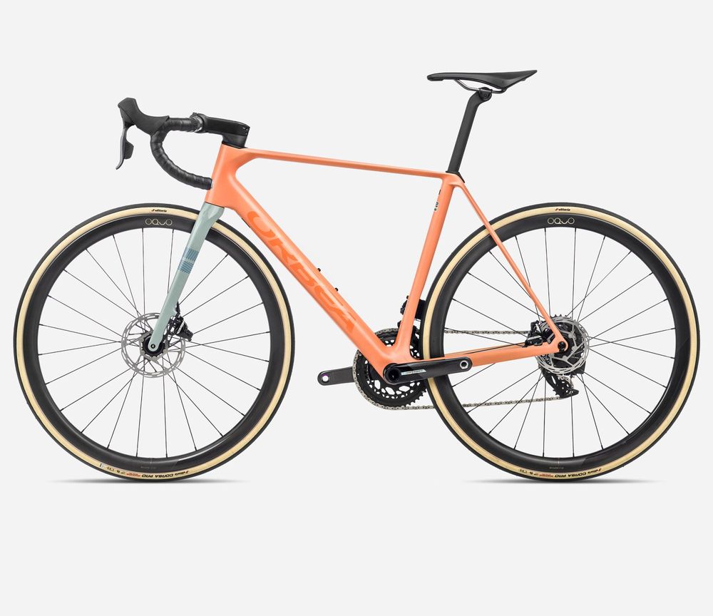 Orbea Orca M21eLTD PWR 2024, Orange Cloud (Matt) - Stone BLue (Matt-Gloss), Seitenansicht links