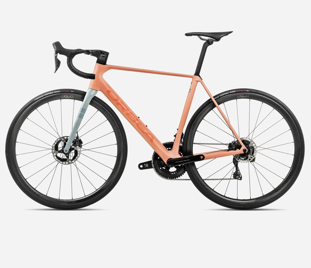 Orbea Orca M10iLTD PWR 2025, Orange Cloud (Matt) - Stone Blue (matt-Gloss), Seitenansicht links