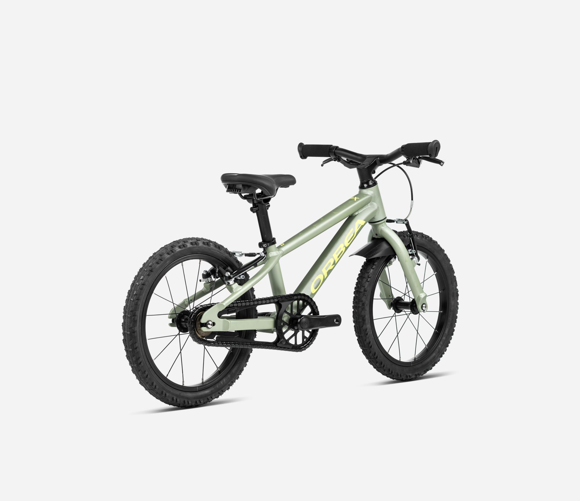 Orbea MX 16 2024, Metallic Green Artichoke (Matt) - Yellow (Matt), Seitenansicht hinten