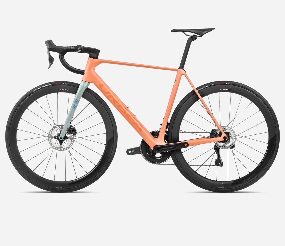 Orbea Orca M20eLTD 2024, Orange Cloud (Matt) - Stone BLue (Matt-Gloss), Seitenansicht links