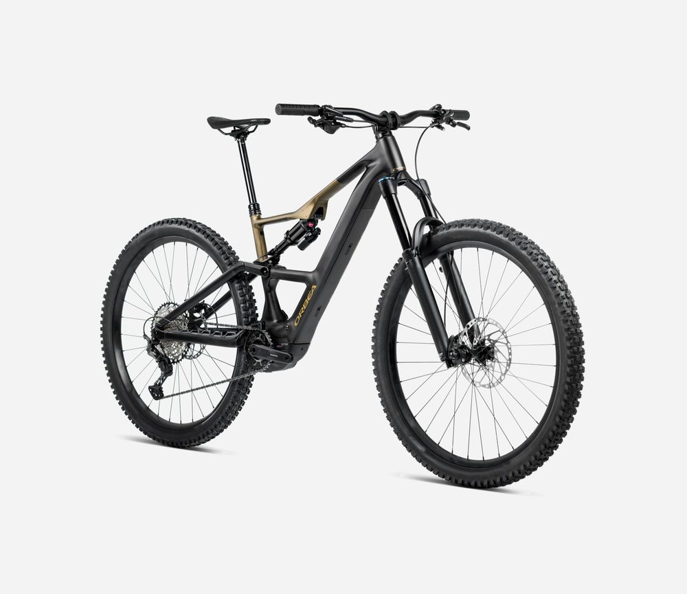 Orbea Rise SL H20 2025, Diamond Black-Splash Olive Green (Matt), Seitenansicht vorne