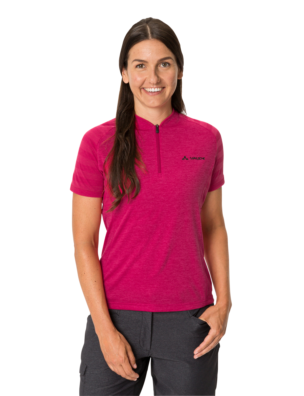 VAUDE Women's Tamaro Shirt III Damen-Radshirt in crimson red uni angezogen vorne