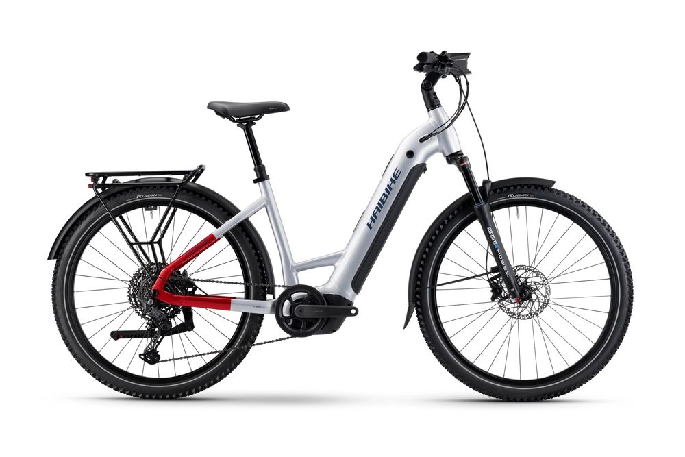 Haibike Trekking 7 Low 2025, soft grey/red/blue glänzend, Seitenansicht