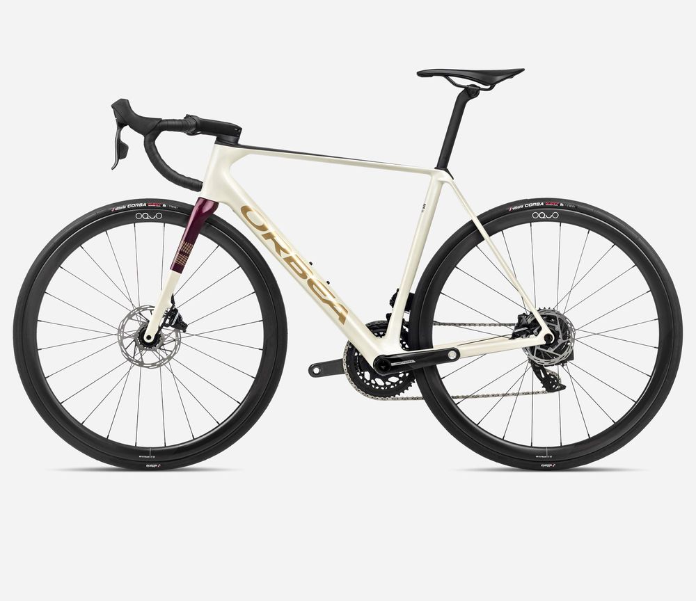 Orbea Orca M21eTeam PWR 2024, Ivory White-Burgundy (Gloss)-Vulcano (Matt), Seitenansicht links