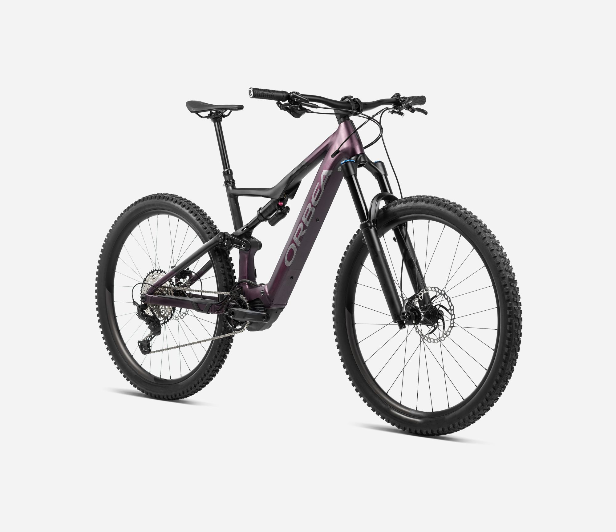 Orbea Rise H20 2024, Metallic Mulberry-Black (Matt), Seitenansicht vorne