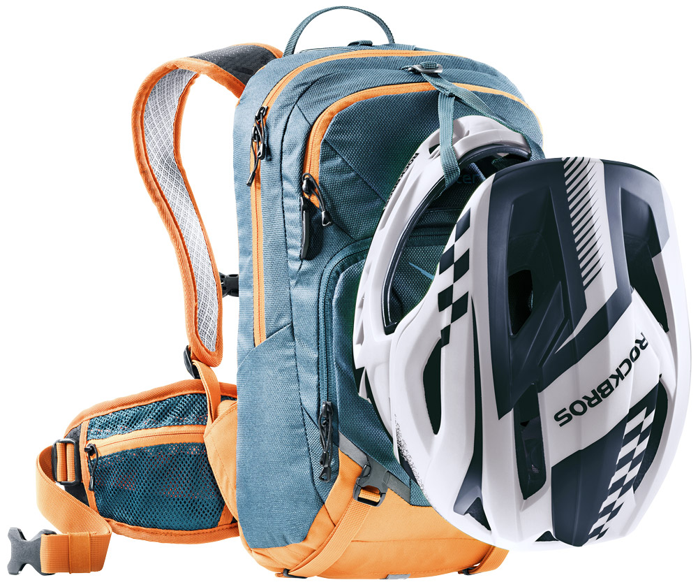 deuter Attack 8 JR Protektor-Rucksack in arctic mandarine blau orange mit fullface helm